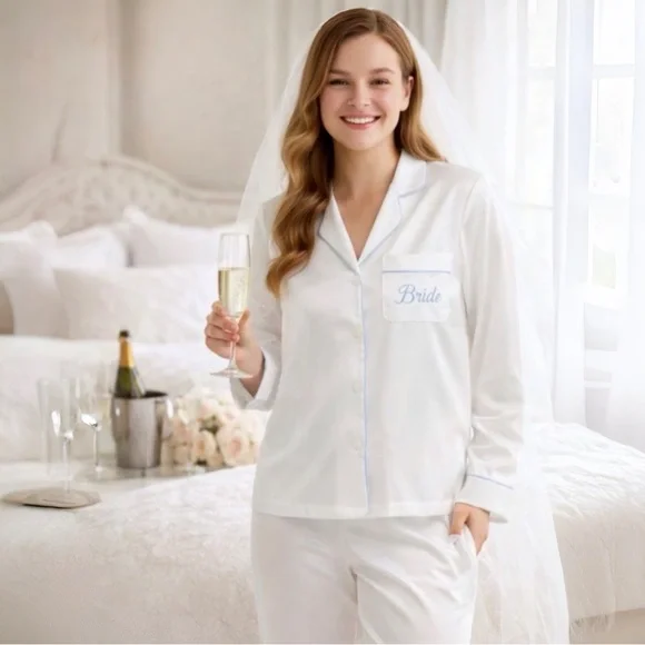 Victoria’s Secret Bride Satin Pajama Set White Blue Bridal PJs NWT M - Picture 5 of 14